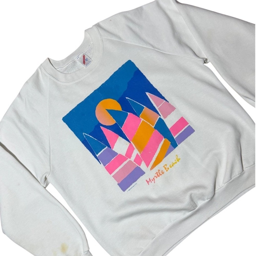 Vintage 90s Jerzees Myrtle Beach Sailboat Graphic Sweatshirt White Mens XL - Picture 2 of 8